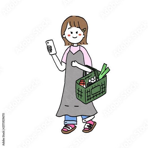 スーパーで買い物する女の子のイラスト
