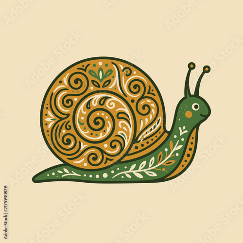 Artistic illustration of a snail with decorative patterns on its shell.