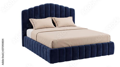 Modern blue velvet double bed isolated on a transparent background