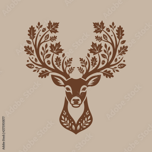 Stylized deer head with leaf antlers in a minimalist design.