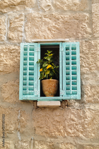 Small blue window with shutters and flowers