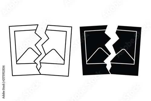 Set of broken picture icons showing damaged photo concepts in outline and solid styles.