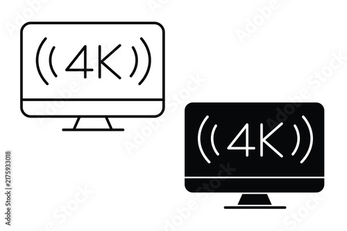 Simple line and solid style 4K television or computer monitor vector icon isolated on white.
