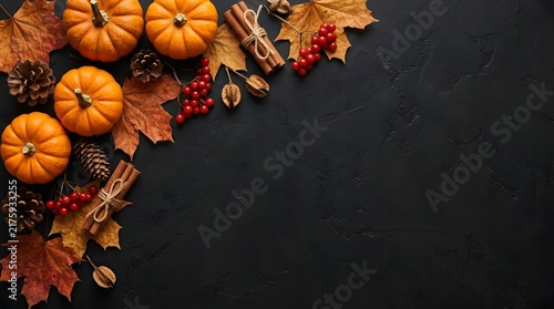 Autumnal flat lay with mini pumpkins, cinnamon sticks, and berries on a black textured surface