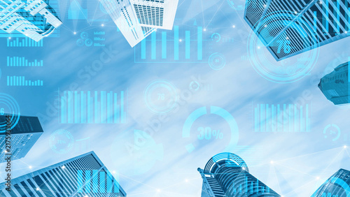 Canvastavla A captivating view looking upwards at modern skyscrapers complemented by digital data visualization elements, symbolizing innovation and technology in urban settings