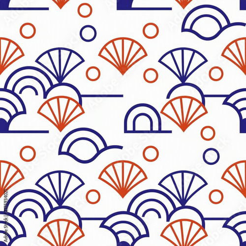 Japanese style seamless pattern with geometric fans and circles in blue and orange colors.