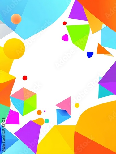 Colorful geometric shapes framing white copy space