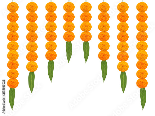 vector illustration of hanging festive orange marigold floral strands with mango leaves on white background for festive design