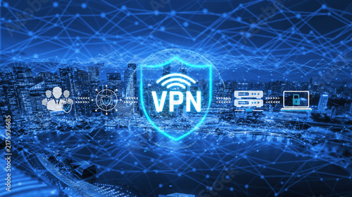 Konstfotografi Digital Shield with VPN Symbol Over City Skyline Representing Online Privacy and