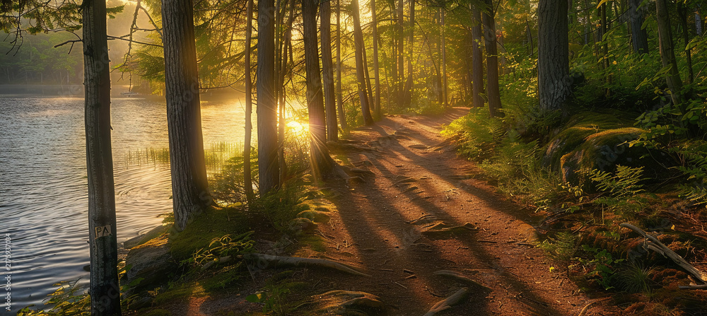 Obraz premium Sunlight filters through tall trees onto a serene forest trail winding beside a calm lake during early morning hours, casting long shadows and creating a peaceful and natural outdoor wilderness scener