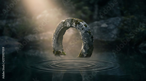 Mysterious Horseshoe Arch: An ancient, weathered horseshoe arch stands serenely over rippling water, illuminated by a soft ray of sunlight filtering through the misty forest.