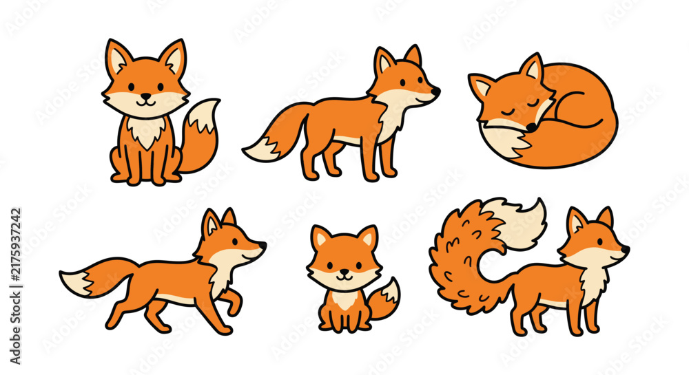 Fototapeta premium Cute Cartoon Fox Character Set in Various Poses Vector Illustration