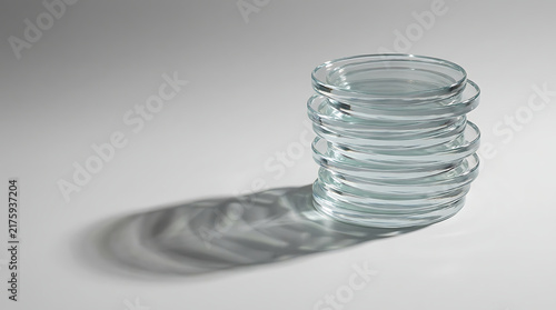 Stack of Petri Dishes: A stack of clear glass petri dishes casts a long shadow on a light gray surface, suggesting laboratory work and scientific research.