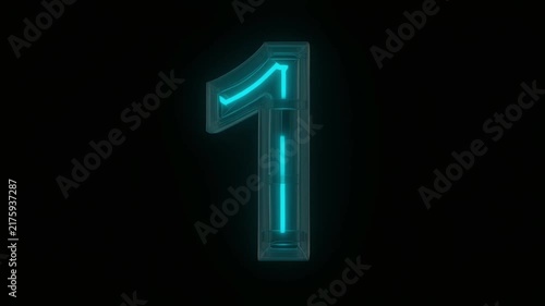 Glowing cyan neon number one on black background for countdown timer intro video loop