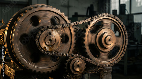 Mechanical Symphony: Interlocking gears and a robust chain mechanism work in unison, showcasing the intricate workings of industrial machinery in motion.