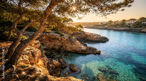 Mediterranean Cove Paradise: Sunlight filters through pine trees onto a crystal-clear turquoise cove, revealing a rocky shoreline and a picturesque coastal village nestled in the distance.