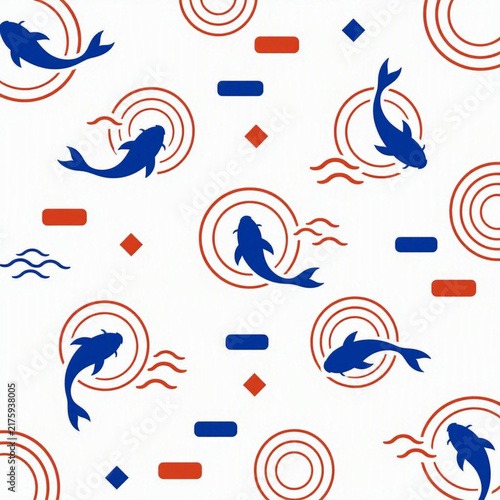 Seamless pattern with blue koi fish and red geometric circles on white background