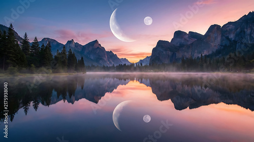 Serene Crescent Moon Over Mountain Lake: A breathtaking landscape features a calm lake reflecting majestic mountains and a prominent crescent moon in a pastel twilight sky, with smaller moon visible.