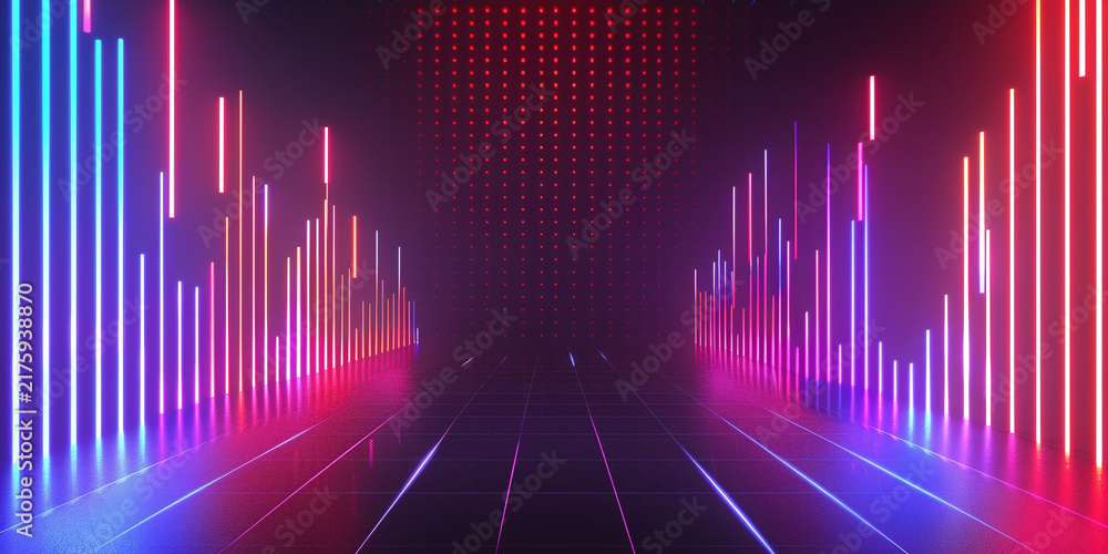 Fototapeta premium Futuristic neon light tunnel background with glowing vertical lines, vibrant blue and red colors, dark digital cyber space setting, abstract electronic music equalizer design for tech concept concepts