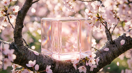 Glass Cube Surrounded by Cherry Blossoms: A clear glass cube rests on a tree branch adorned with delicate pink cherry blossoms, creating a serene and artistic composition during springtime.