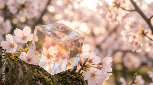 Crystal Cube amidst Cherry Blossoms: A geometric crystal cube refracts the warm sunlight, casting vibrant colors amidst delicate pink cherry blossoms.