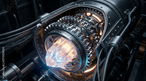 Intricate Mechanism of Power: A complex industrial engine showcases a glowing crystal at its core, surrounded by intricate gears and mechanical components.