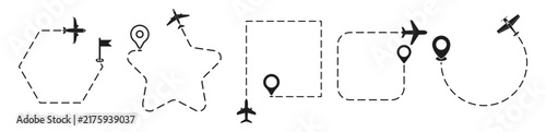 Foto Travel route icon set with airplanes, location pins, flags, and dashed paths on