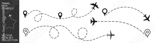 Foto Travel path icon set with airplanes, map pins and dashed routes on transparent b