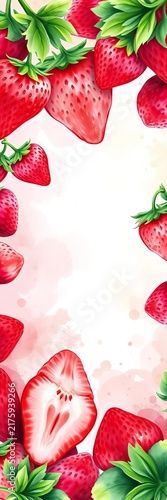Watercolor strawberries framing white copy space