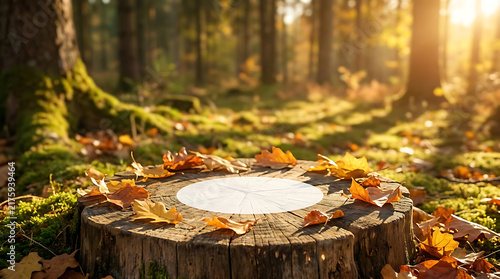 Autumn Stump Display: A weathered tree stump in a sun-dappled forest, adorned with fallen autumn leaves, serves as a natural display platform bathed in the warm.