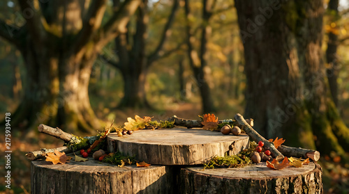Forest Floor Stage: A natural, rustic stage crafted from tree stumps, adorned with fallen autumn leaves, acorns, and moss, set within a sun-dappled forest.