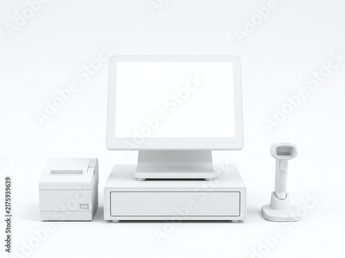 White POS system with touchscreen monitor, receipt printer, and barcode scanner mockup
