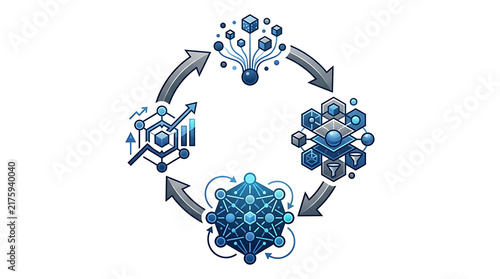 Obraz na płótnie Illustration of Machine Learning Cycle with Data Processing and AI Concepts