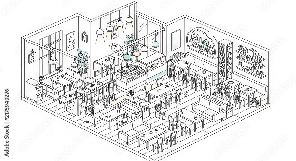 Fototapeta premium Cozy Isometric Cafe Interior Design Sketch With Seating And Counter Area