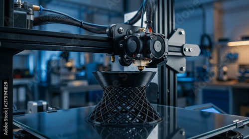 Obraz na płótnie 3D Printer Creating Intricate Black Object in Workshop - Advanced Manufacturing