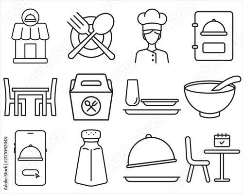 Restaurant and dining outline icon set featuring food service, dining, online ordering, takeaway, table reservation, and hospitality essentials.
