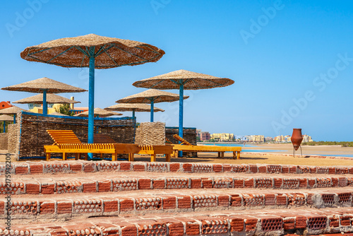Sun umbrellas on beach. El Gouna, Egypt