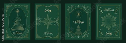 Merry Christmas and Happy New Year luxury vector card set with elegant gold line art, Christmas trees, gifts, ornaments and festive frames on dark green background.