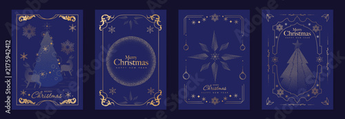 Merry Christmas and Happy New Year luxury vector card set with elegant gold line art, Christmas trees, gifts, ornaments and snowflakes on classic blue background.