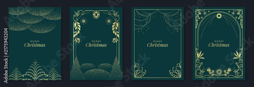 Merry Christmas and Happy New Year luxury vector card set with elegant gold line art, Christmas trees, gifts, ornaments and festive frames on dark green background.