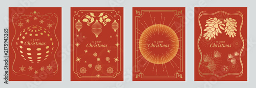 Merry Christmas and Happy New Year luxury vector card set with elegant gold ornamental frames, holly leaves, pine cones, snowflakes and festive decorations on red background.