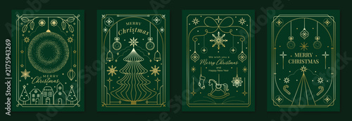 Merry Christmas and Happy New Year luxury vector card set with elegant gold line art, Christmas trees, gifts, ornaments and festive frames on dark green background.