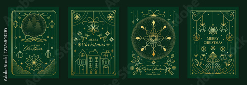 Merry Christmas and Happy New Year luxury vector card set with elegant gold line art, Christmas trees, gifts, ornaments and festive frames on dark green background.