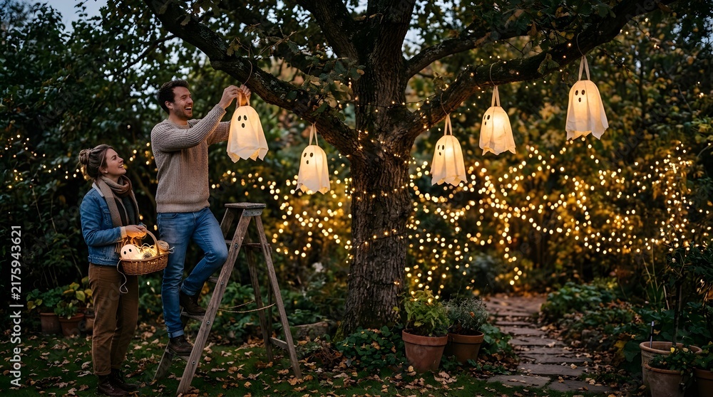 Fototapeta premium Happy couple decorating tree with ghost lanterns for Halloween outdoors