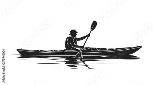 Silhouette of a kayaker paddling on water, black and white illustration with reflection