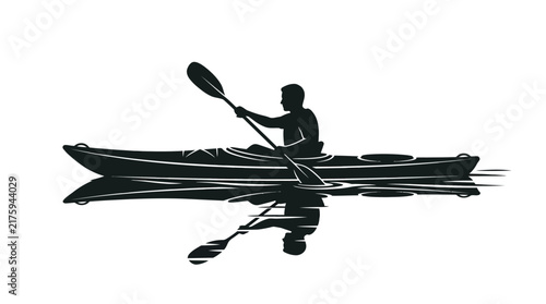 Silhouette of a Kayaker Rowing on Calm Water with Reflection