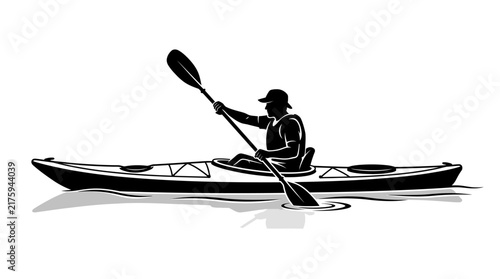 Silhouette of a man kayaking on water with paddle, outdoor activity