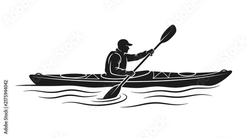 Silhouette of a man kayaking on water, outdoor activity and sport