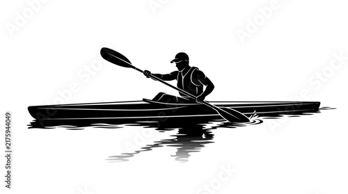 Silhouette of a man kayaking on water, paddling action, isolated on white background.