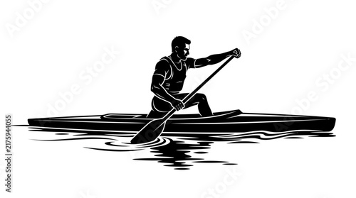 Silhouette of a man kayaking on water, paddling during a race.